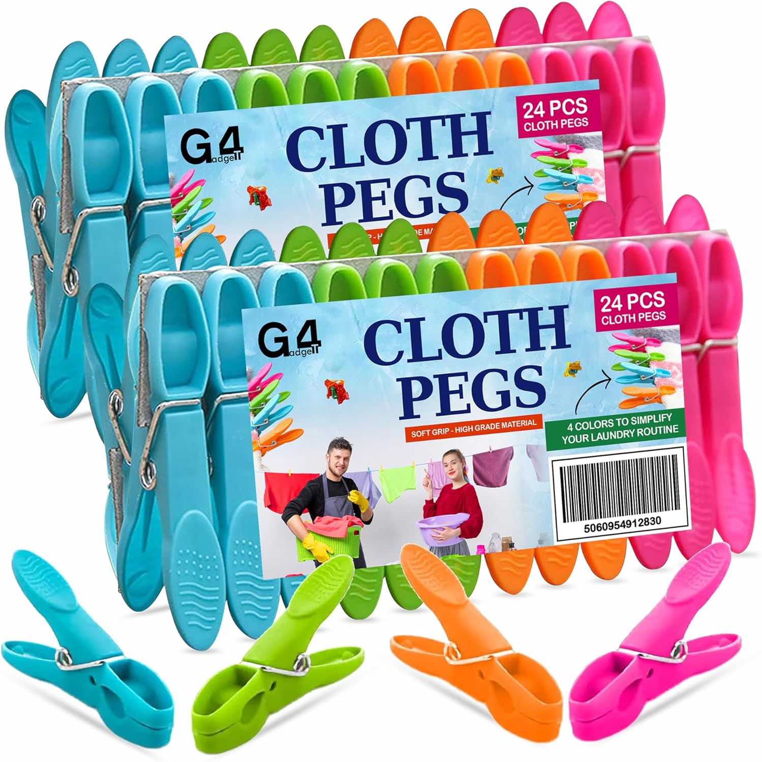 G4GADGET Clothes Pegs 48 Pack, Strong Grip Pegs for Washing Line, Durable Plastic Laundry Pegs with Stainless Steel Spring, Non-Slip & Windproof Washing Pegs for Clothes Drying, Home & Garden Use