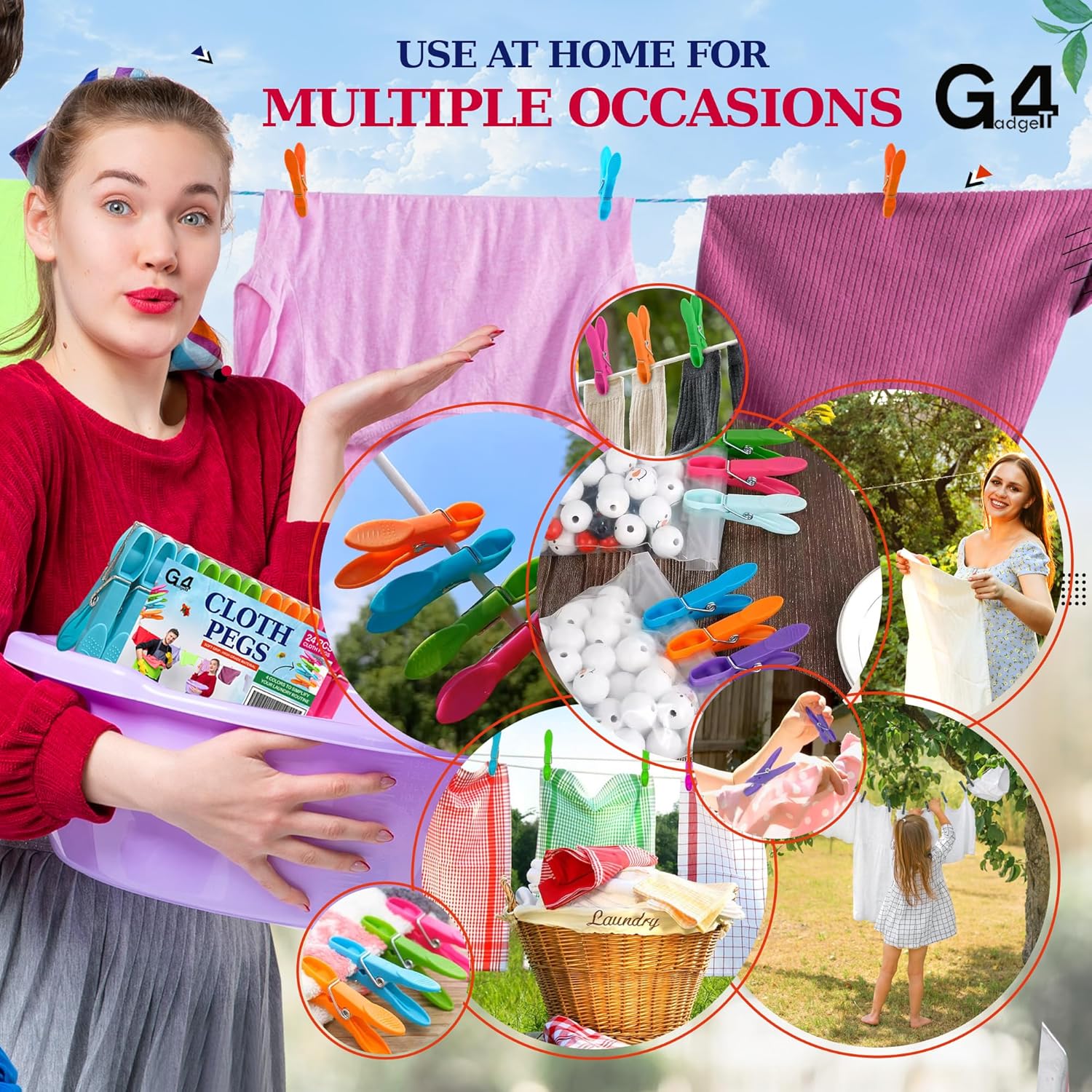 G4GADGET Clothes Pegs 48 Pack, Strong Grip Pegs for Washing Line, Durable Plastic Laundry Pegs with Stainless Steel Spring, Non-Slip & Windproof Washing Pegs for Clothes Drying, Home & Garden Use