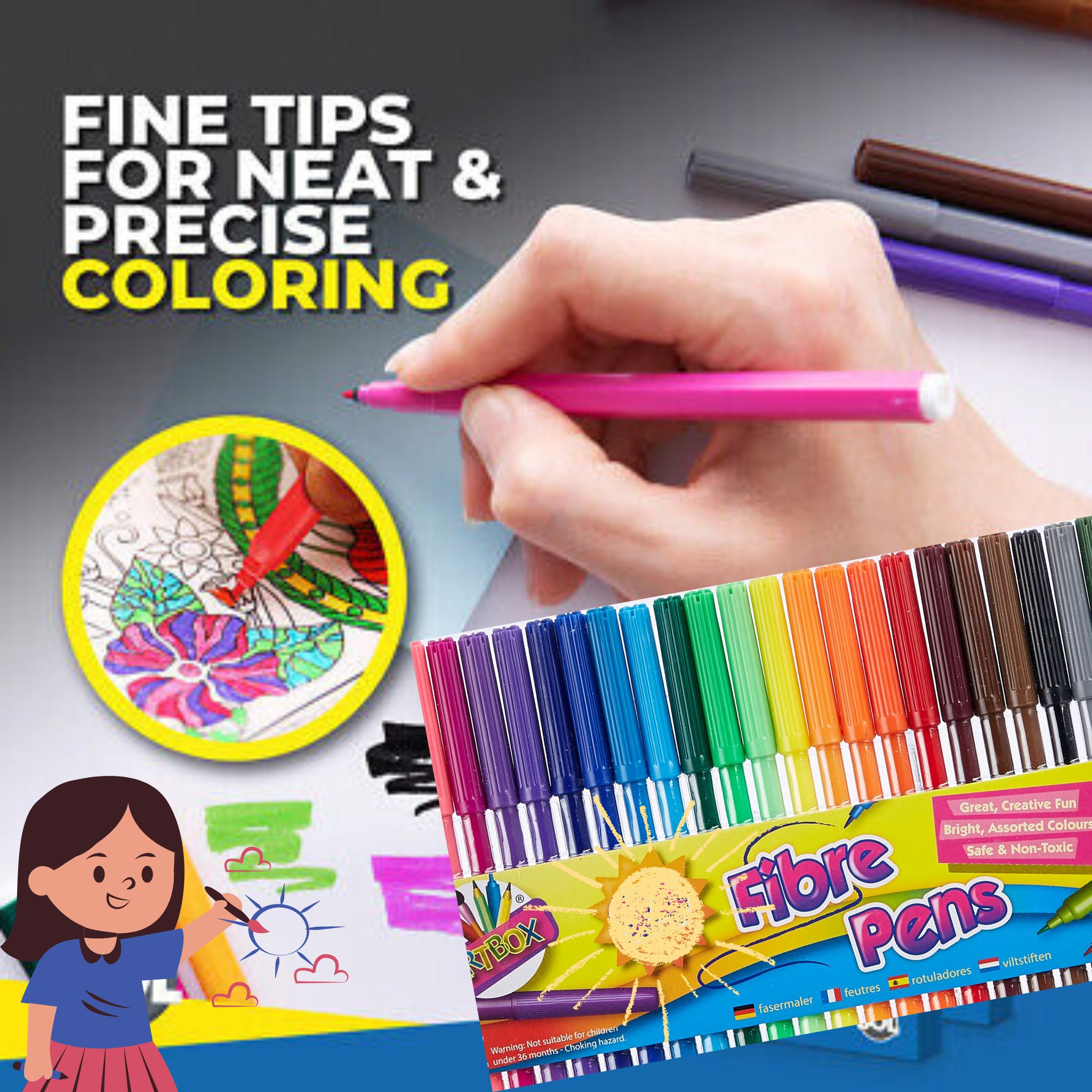 Coloring Pen 48 Fine Tip Fiber Coloring Pens - Safe, Non-Toxic for Kids & Adults, H ...